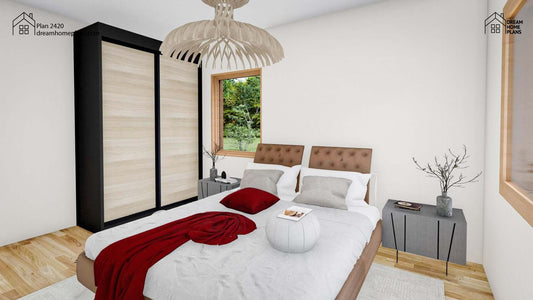 Modern luxury 1-bedroom cabin interior with contemporary farmhouse style decor and natural light.