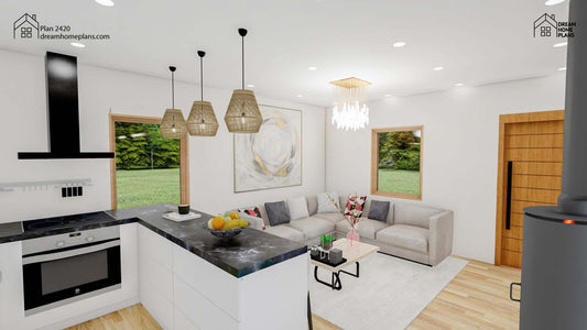 Modern interior of luxury cabin house with cozy living room, kitchen, and stylish decor - Contemporary Farmhouse Plan.