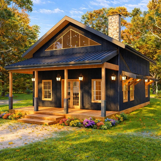 Cabin in the woods with a black roof and wooden exterior, surrounded by trees and flowers.
