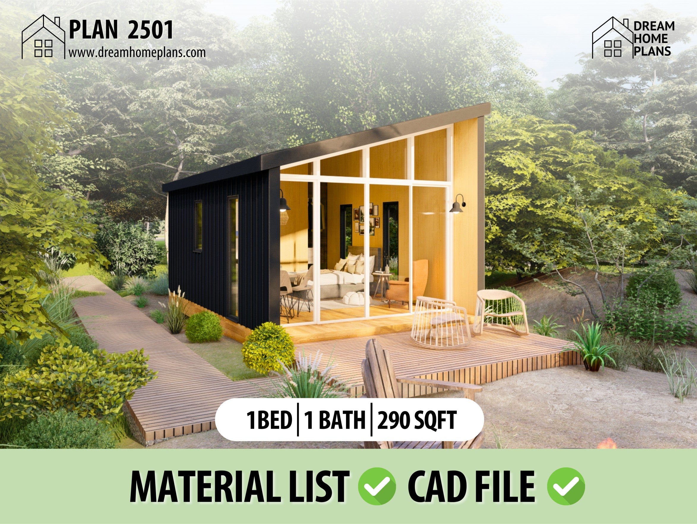 Modern Glass Tiny Cabin Plan - 1 Bed, 1 Bath, 1 Kitchen – Dream Home Plans