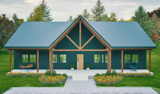Modern house with green roof and wooden beams in a forest setting
