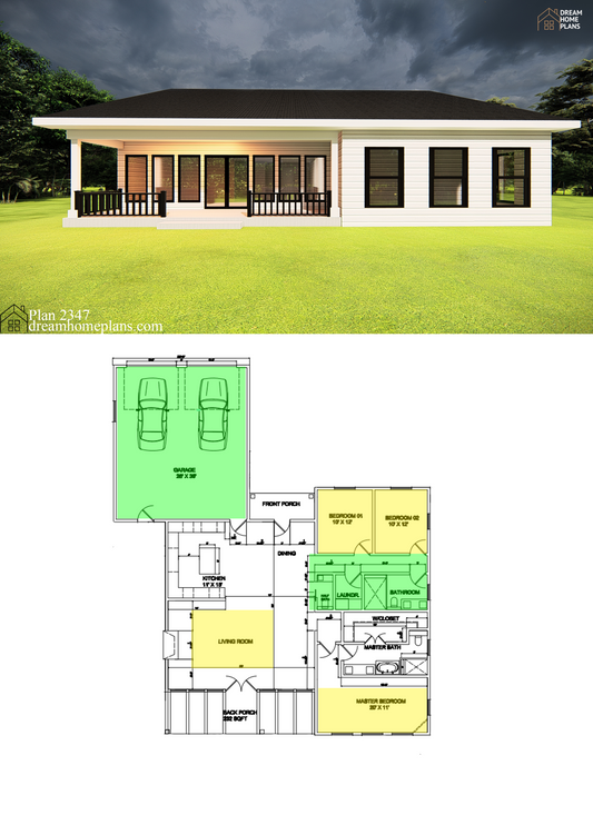 Classic Cottage House Plan - 1,645 Sq Ft, 1-Story, 3 Bedrooms, 2-Car Garage, Traditional Design with Front Porch & Fireplace - PDF Download