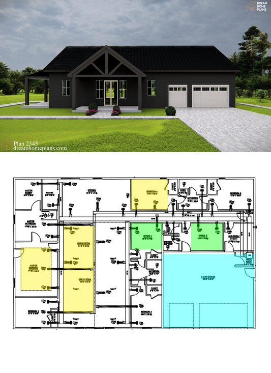 Modern Black Barndo House Plan - 5 Bedrooms, 3200 Sq Ft, 3-Car Garage, Open Floor Plan, PDF Download - Luxury Barndominium Design