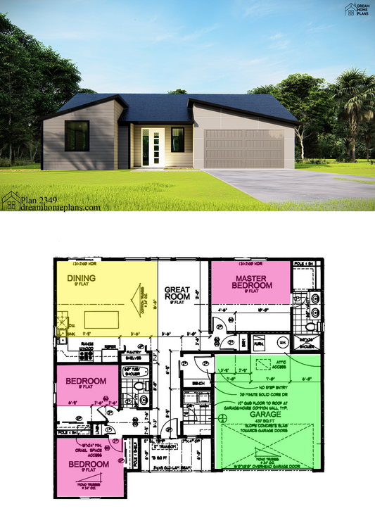 Modern Cottage House Plan - 1 Story, 3 Bedrooms, 1627 Sq Ft, 2.5 Bathrooms, 2-Car Garage, Open-Concept Layout, PDF Download