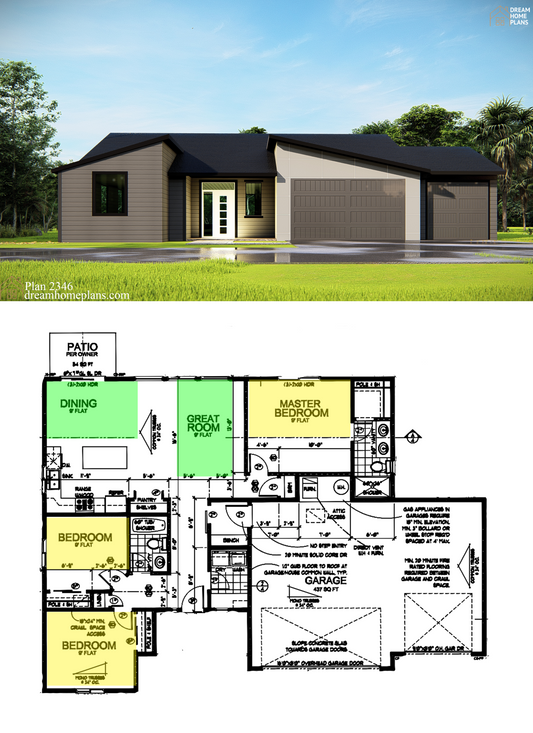 Modern Cottage House Plan - 3 Bedrooms, 1552 Sq Ft, 1-Story, Open Floor Plan, 3-Car Garage, PDF Download - Minimalist Design