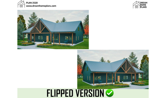 Two views of a house with a 'Flipped Version' label and Dream Home Plans logo.