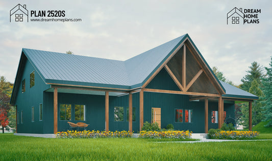 Green house with wooden beams in a scenic setting, featuring Dream Home Plans branding.