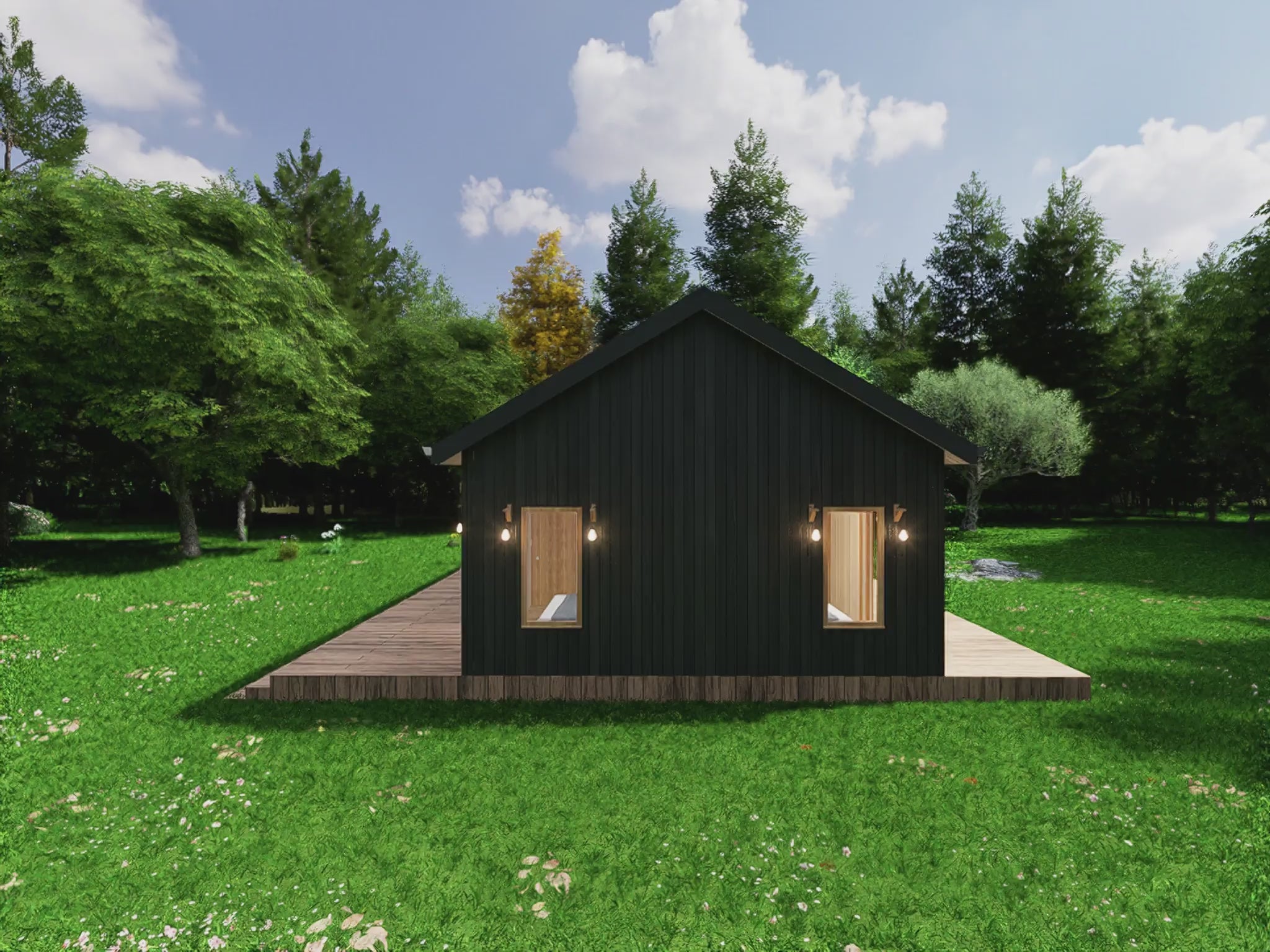 Video walkthrough of 44x20 modern cabin house plan with 2 bedrooms and front/back porches